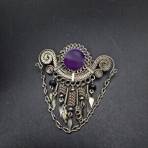 Purple Agate Wire Wrapped Brooch Silver Tone Wire Vintage Jewelry